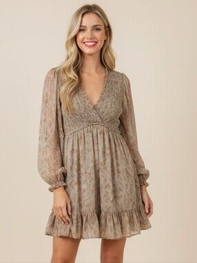 blue b Yoryu Chiffon Ruffle Puff Sleeve Mini Dress Womens Sz S Khaki Brown Flora